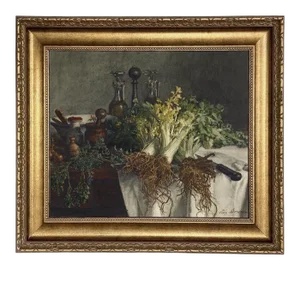 "Still Life on Kitchen Table" After Leon Bonvin, Contemporary Reproduction Print on Canvas, Gold Frame, 16 x 20