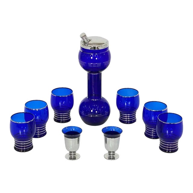 Mid 20th Century Art Deco Era Cobalt Blue Glass Barbell Martini Cocktail Shaker Set From France For Sale