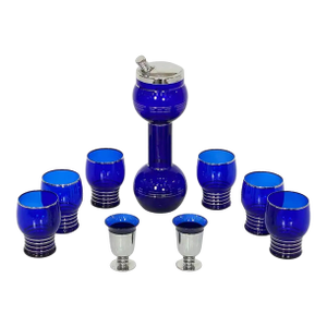 Mid 20th Century Art Deco Era Cobalt Blue Glass Barbell Martini Cocktail Shaker Set From France