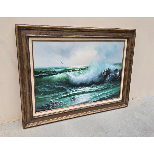 Vintage Mid Century Oil on Canvas Picture Painting Ocean Wave Crashing by Gavin For Sale - Image 4 of 18