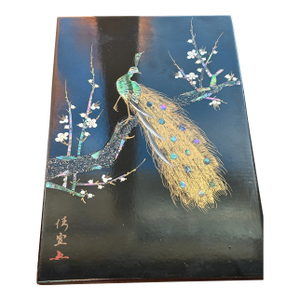 Japanese Raden Iridescent Peacock and Blossoms on Black Laquer
