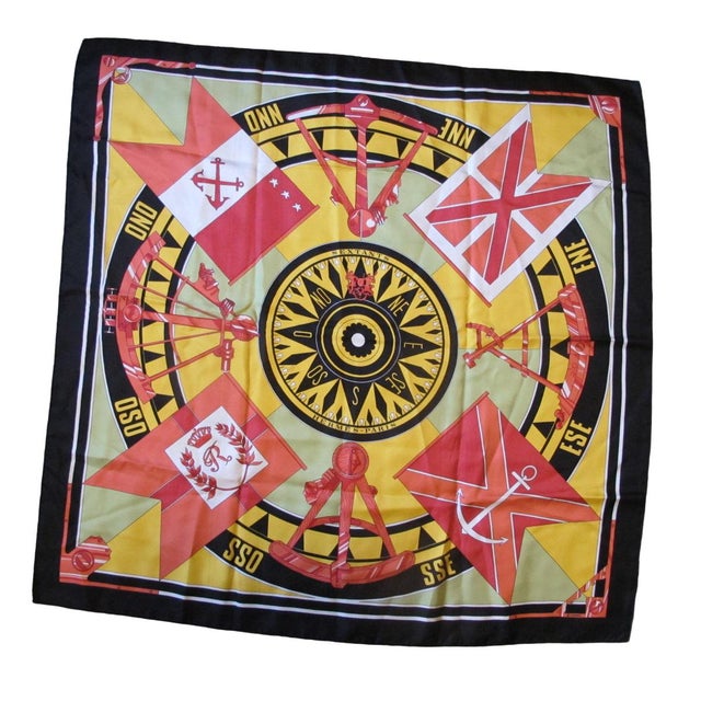 Vintage Hermes France Carre 90 graphic designer scarf, 'Sextants' in bold contrasting colors of black, yellow, green, and...