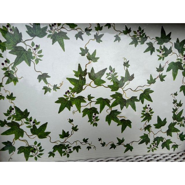 White Vintage White Faux Wicker Green Ivy Vine Serving Tray For Sale - Image 8 of 18