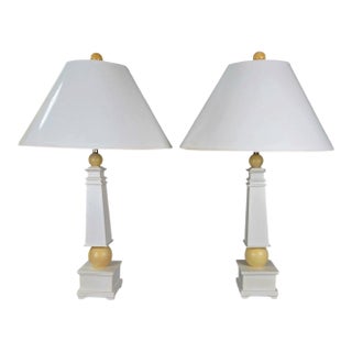 Pair of Natural Light Co. White Wooden Obelisk Table Lamps With Cream Ball Accents and Shades For Sale
