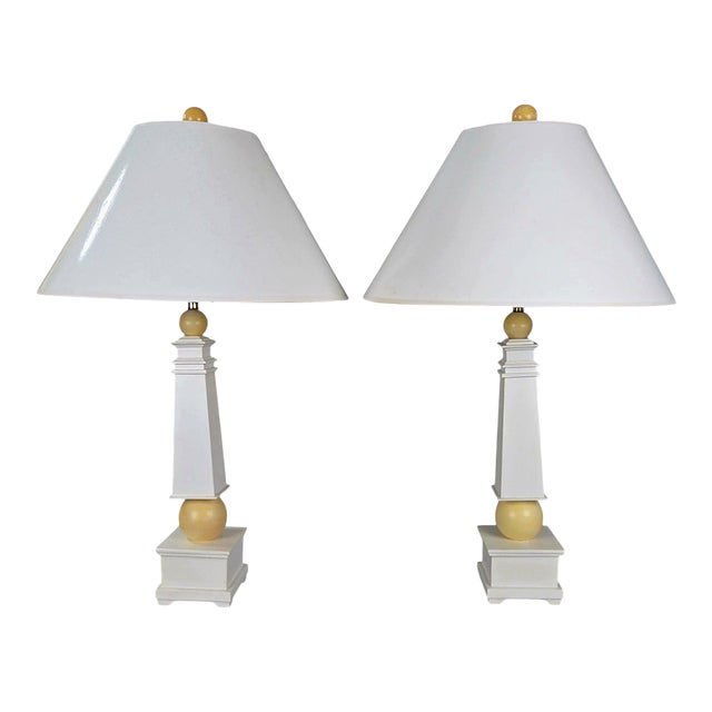 Pair of Natural Light Co. White Wooden Obelisk Table Lamps With Cream Ball Accents and Shades For Sale