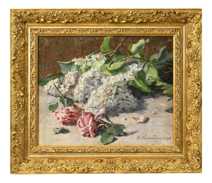 B. Vincendon, Art Nouveau Still Life with Roses and Lilacs, Oil on Canvas, 1905, Framed