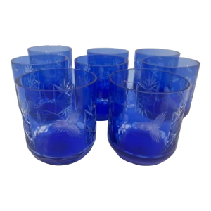 Whiskey Glasses Baccarat Style Sapphire Blue Cut Crystal Set of 8