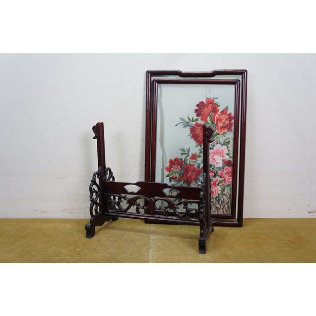 Late 20th Century Chinese Silk Embroidered Peony Reticulated Rosewood Fire Screen Panel 31" For Sale - Image 5 of 18