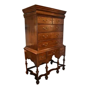 English, William and Mary. Highboy in Old Dark Oak