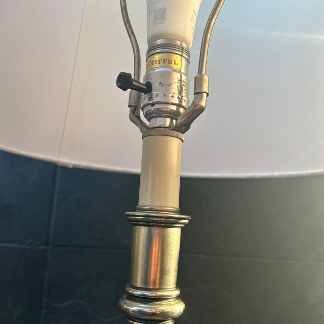 Metal Vintage Stiffel Pewter Barley Twist Candlestick Lamps With Shades - A Pair - Newly Rewired For Sale - Image 7 of 12