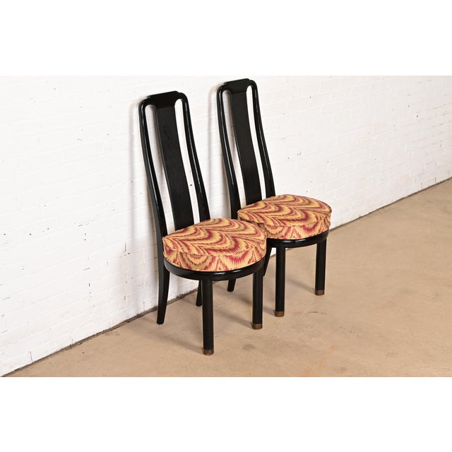 Henredon Henredon Hollywood Regency Chinoiserie Ebonized Walnut High Back Side Chairs or Dining Chairs, Pair For Sale - Image 4 of 14