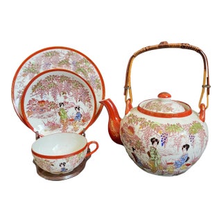 Antique Kutani Eggshell Porcelain Teapot & Teacup Trio Set With Lithophane For Sale