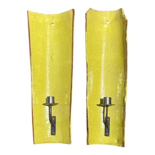 Minimalist Pair of Glazed Terracotta Candle Sconces in Yellow (Portugal) For Sale