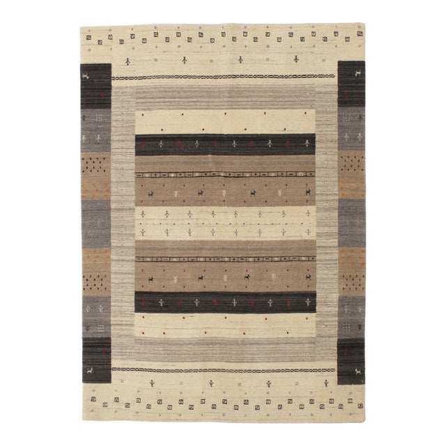 Vintage Gabbeh Hand-Knotted Wool Rug Tribal Stripe Design 4'7" X 6'7" For Sale