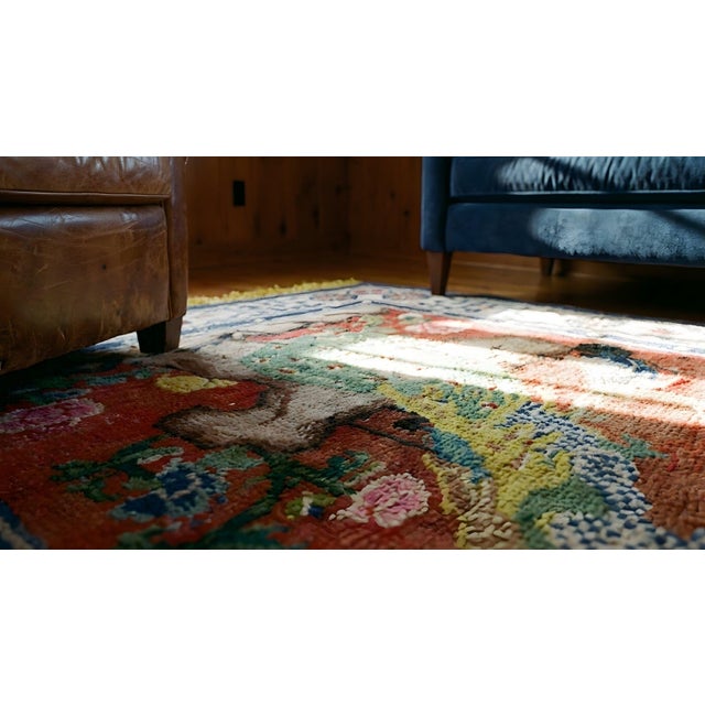 Extraordinary Ruby Red Background Color With Floral and Peacock Design Vintage Chinese Silk Rug For Sale - Image 14 of 15