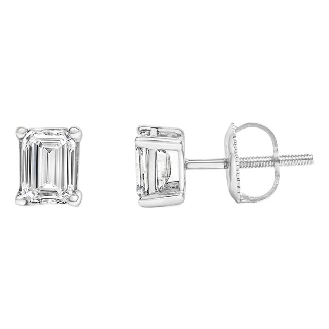 14K White Gold 1 1/2 Cttw Emerald Cut Lab-Grown Diamond Solitaire Stud Earrings (F-G Color, VS1-VS2 Clarity) For Sale