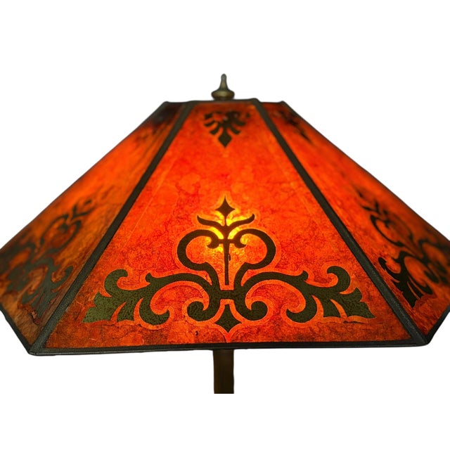 Antique 1910s Edward Miller Table Lamp With Original Copper Finish, 1920s Orange and Gold Mica Shade With Rewired Pullchain Socket For Sale - Image 13 of 18