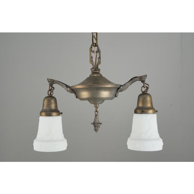 Mid 20th Century Restored Victorian Two Light Brass Pan Pendant Light For Sale - Image 9 of 16
