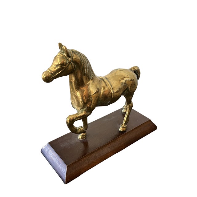 Curtis Jere Vintage Solid Brass Prancing Horse Sculpture on Wood Pedestal Base – Mid-Century Modern Equestrian Decor For Sale - Image 4 of 6