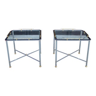 Maison Jansen Modern Hollywood Regency Chrome Brass Glass Side Tables- a Pair For Sale
