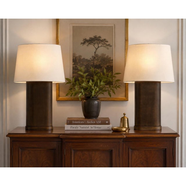 Thomasville Contemporary Bronze Table Lamps With Linen Shades - a Pair For Sale In Chicago - Image 6 of 9