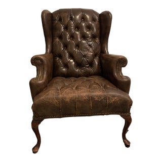 17th Century Antique Leather Tufted Wing Chair For Sale