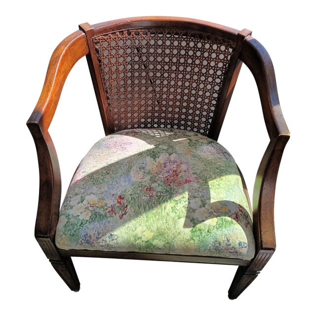 Vintage Traditional Cane Barrel Back Accent Armchair For Sale