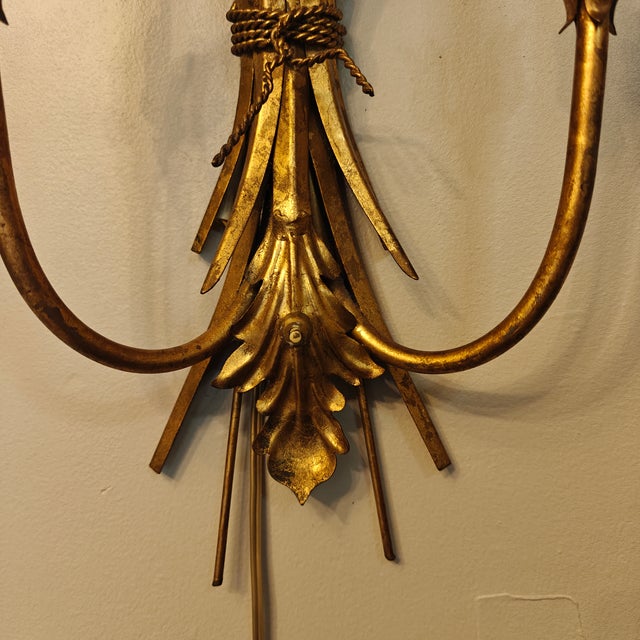 Metal Vintage Italian Gilt Gold Metal Sheaf of Wheat Electric Candle Wall Sconce For Sale - Image 7 of 10