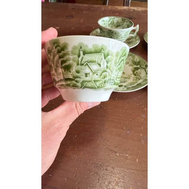 Ceramic 1940s Wood's "English Scenery" Green Transfer Cups and Saucers - Set of Four Enoch For Sale - Image 7 of 12