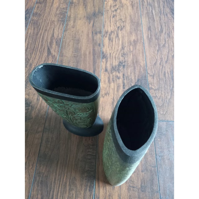 Green Vintage Floral Engraved Metal Brown/Green/ Black Vases, Made in India - Set of Two For Sale - Image 8 of 8
