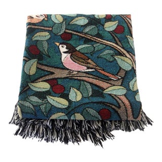 Arts and Crafts Style "Tree of Birds" in Teal Jacquard Woven Throw Blanket For Sale