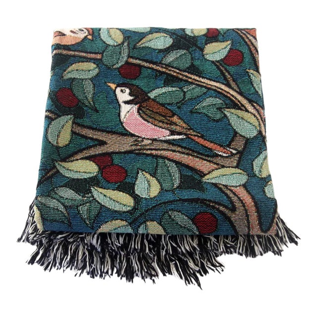 Arts and Crafts Style "Tree of Birds" in Teal Jacquard Woven Throw Blanket For Sale