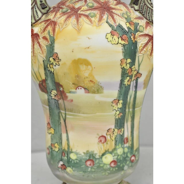Ceramic Antique Nippon Hand Painted Porcelain Moriage Twin Handle Countryside Scene Vase For Sale - Image 7 of 18