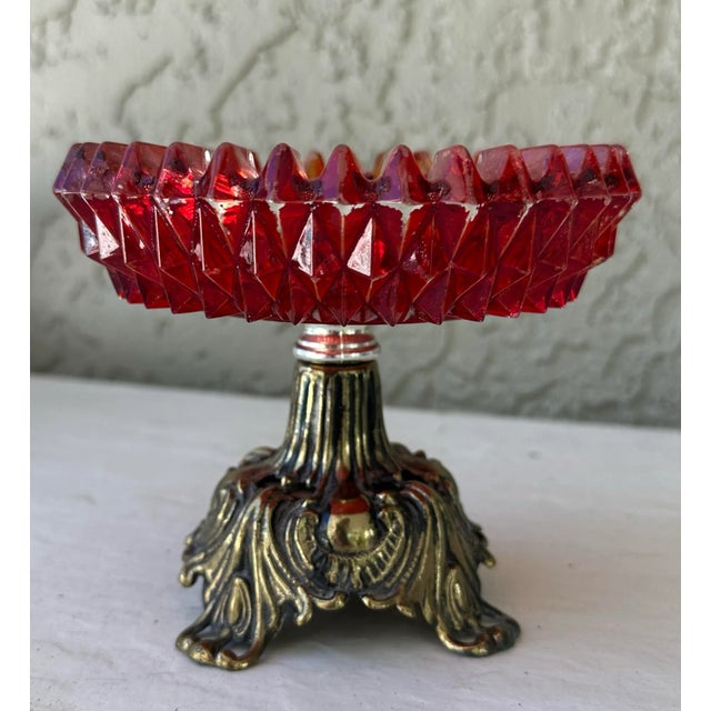1970s Vintage 1973 Brass Footed Ruby Red Diamond Cut Glass Compote Dish For Sale - Image 5 of 12