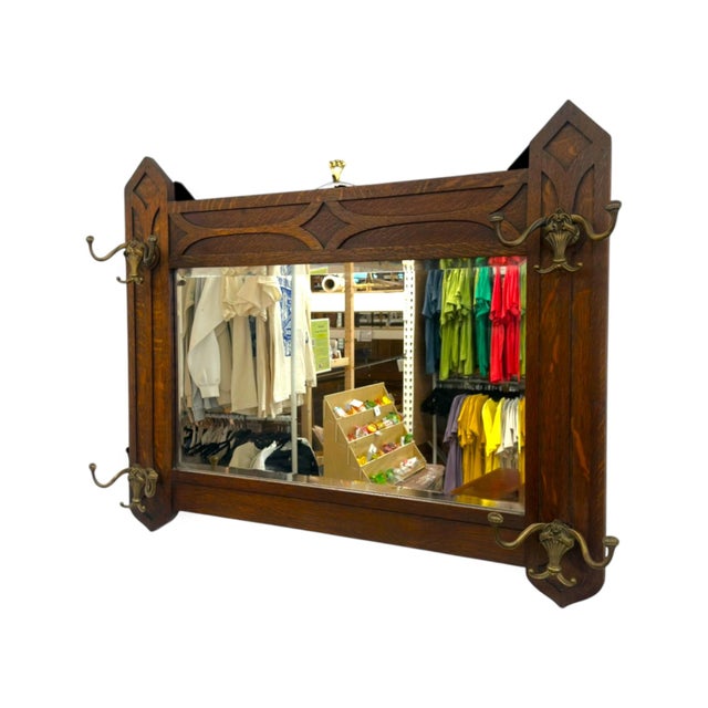 Gothic Antique Dark Oak Gothic Revival Hall Mirror With Brass Hooks For Sale - Image 3 of 7