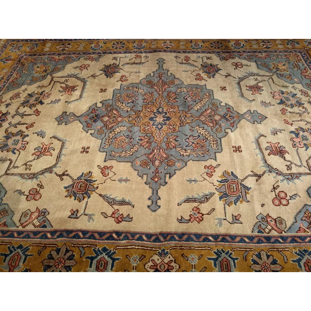 Vintage Turkish Oushak Rug, Handwoven Geometric Pattern, Ivory & Blue, 8' x 11' For Sale - Image 4 of 18