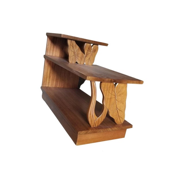 Mid-Century Hawaiian Koa Wood table set of 3 featuring hand-carved botanical Calla Lily flower and leaves table legs and...