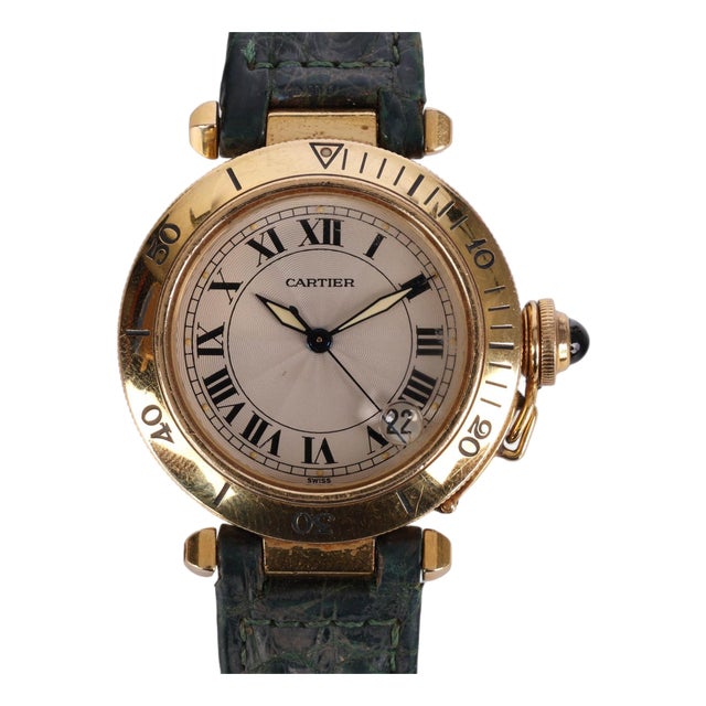 1990s Cartier Pasha 1035 Automatic Watch 18k Gold Ivory Dial Alligator Strap 35mm For Sale