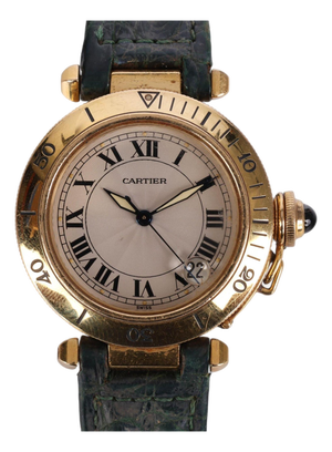 1990s Cartier Pasha 1035 Automatic Watch 18k Gold Ivory Dial Alligator Strap 35mm