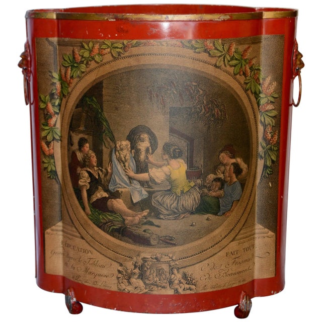 Midcentury Red Footed Tole Tin Waste Basket With Decoupage Print For Sale - Image 13 of 13