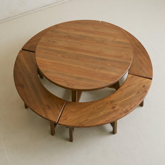 Mid-Century Modern French Round Dining Table with Four Curved Benches, 1950s For Sale - Image 3 of 9