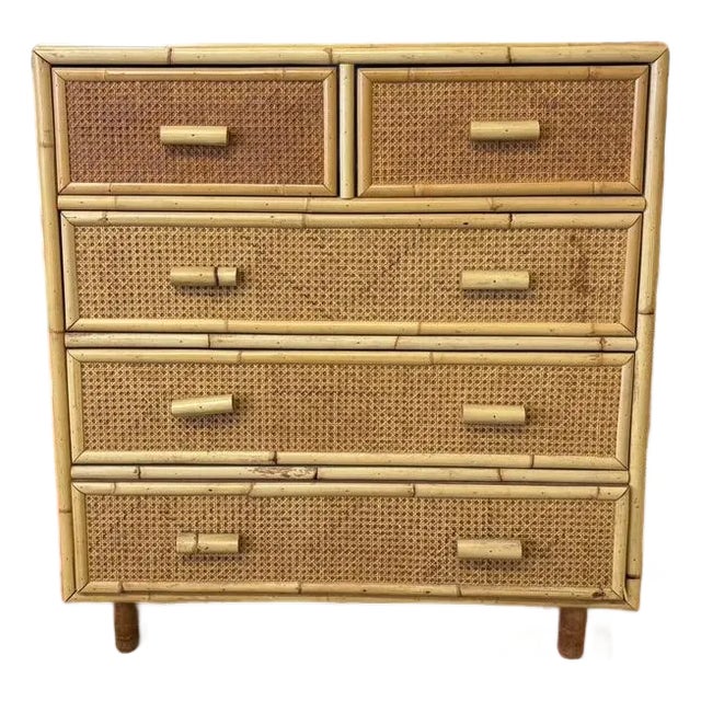 Mid Century Caned Bamboo Wood Dresser, Chest of Drawers For Sale