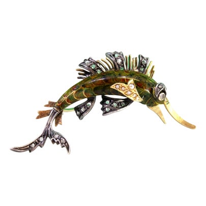 Gold and Silver Brooch with Diamond Flakes and Enamel For Sale