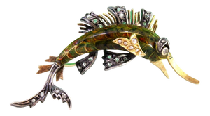 Gold and Silver Brooch with Diamond Flakes and Enamel