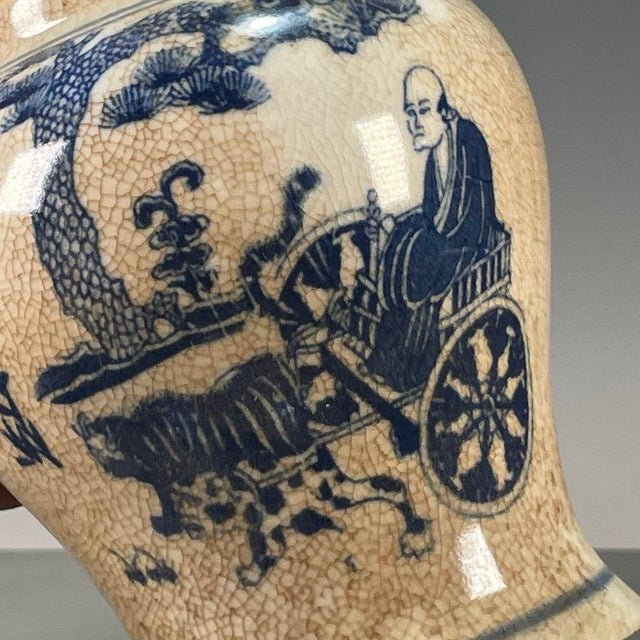 Chinese Blue & White Crackle Glaze Porcelain Covered Jar With Figural Scene For Sale In Los Angeles - Image 6 of 9
