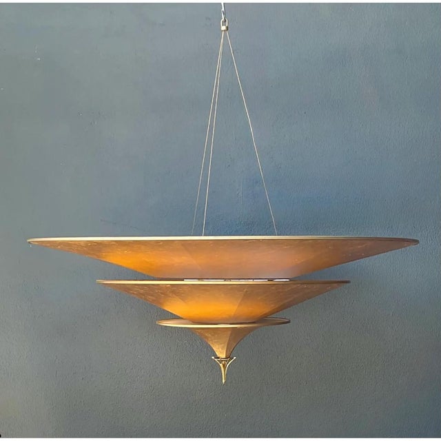 Postmodern Vintage Italian Fortuny “Icaro” ThreeTiered Gold Fiber Chandelier For Sale - Image 3 of 12