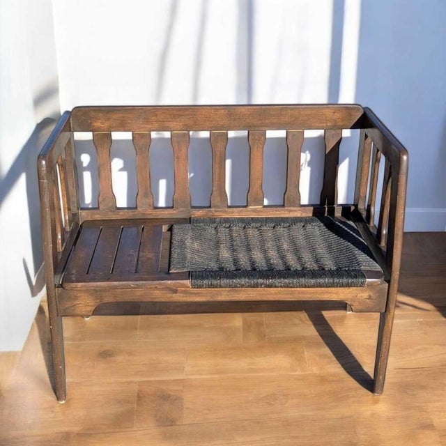 Mid-Century Wood Bench With Black Woven Strap Seat For Sale - Image 11 of 15