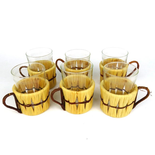 Vintage Jena Glass Tea Cups in Rattan by Schott Mainz, 1960s, Set of 6 For Sale - Image 4 of 8