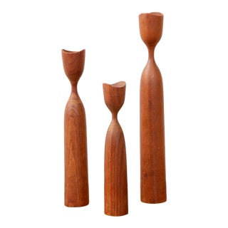 Mid Century Modern Teak Candlestick Holder Set For Sale