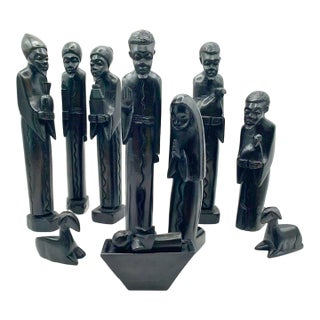 Hand-Carved Dark Wood African Christmas Nativity Set From Angola - 11 Pieces For Sale